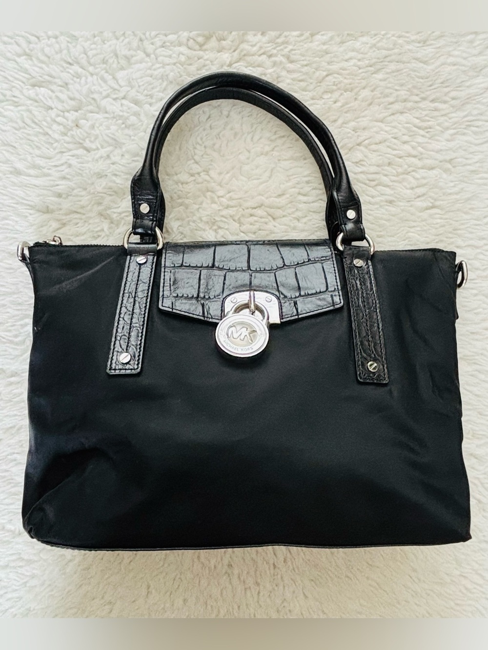 Michael Kors Black Tote with Croc-Trim Flap and Logo Lock